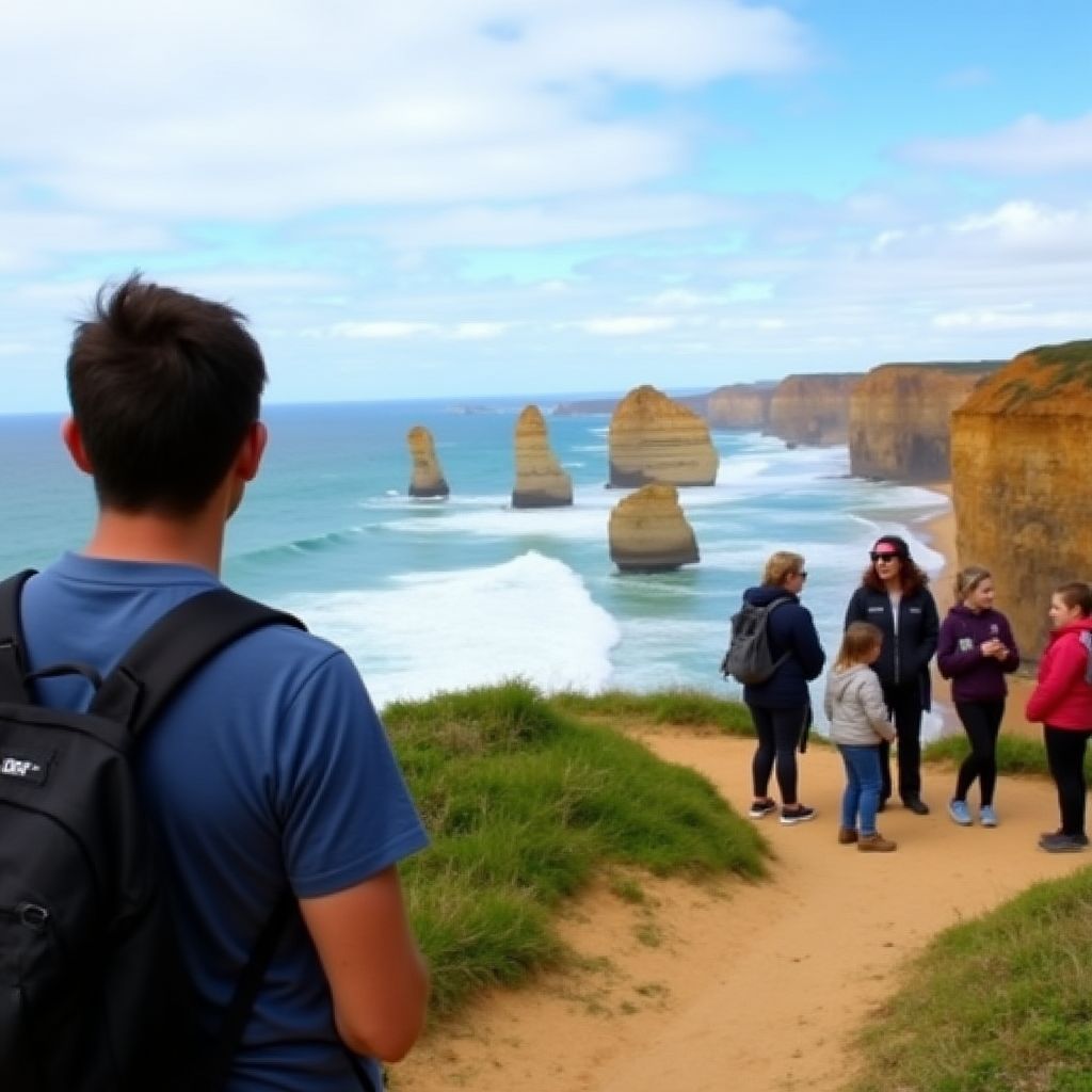 Guide explaining features to tourists on coastal road
